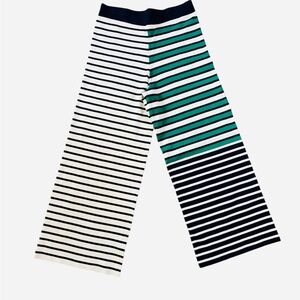Tory Burch Sport Striped Knit Wide-Leg Ankle Pants in Navy, White & Green